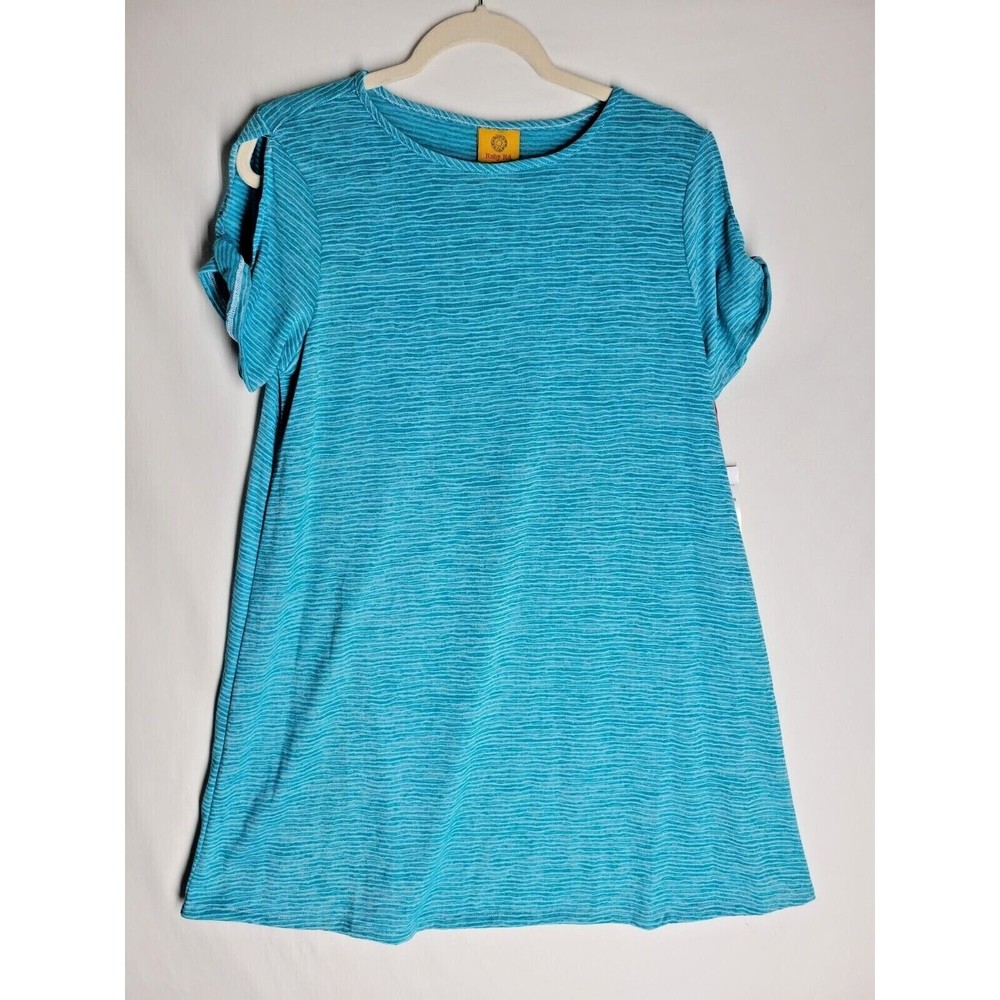NWT Ruby Rd Turquoise Short Sleeve Stretch T-Shirt Dress Cold Shoulder Size PM